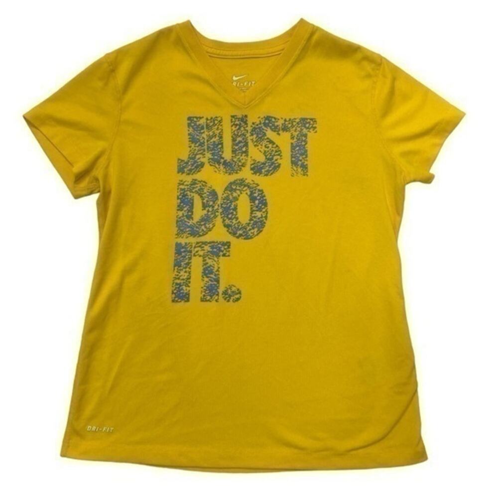 Nike Just Do It Graphic Tee Girls Large Yellow Gold Blue V Neck Dri-Fit